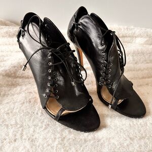 Black Leather Strappy Tie Open Toe Sandals Heels Modern